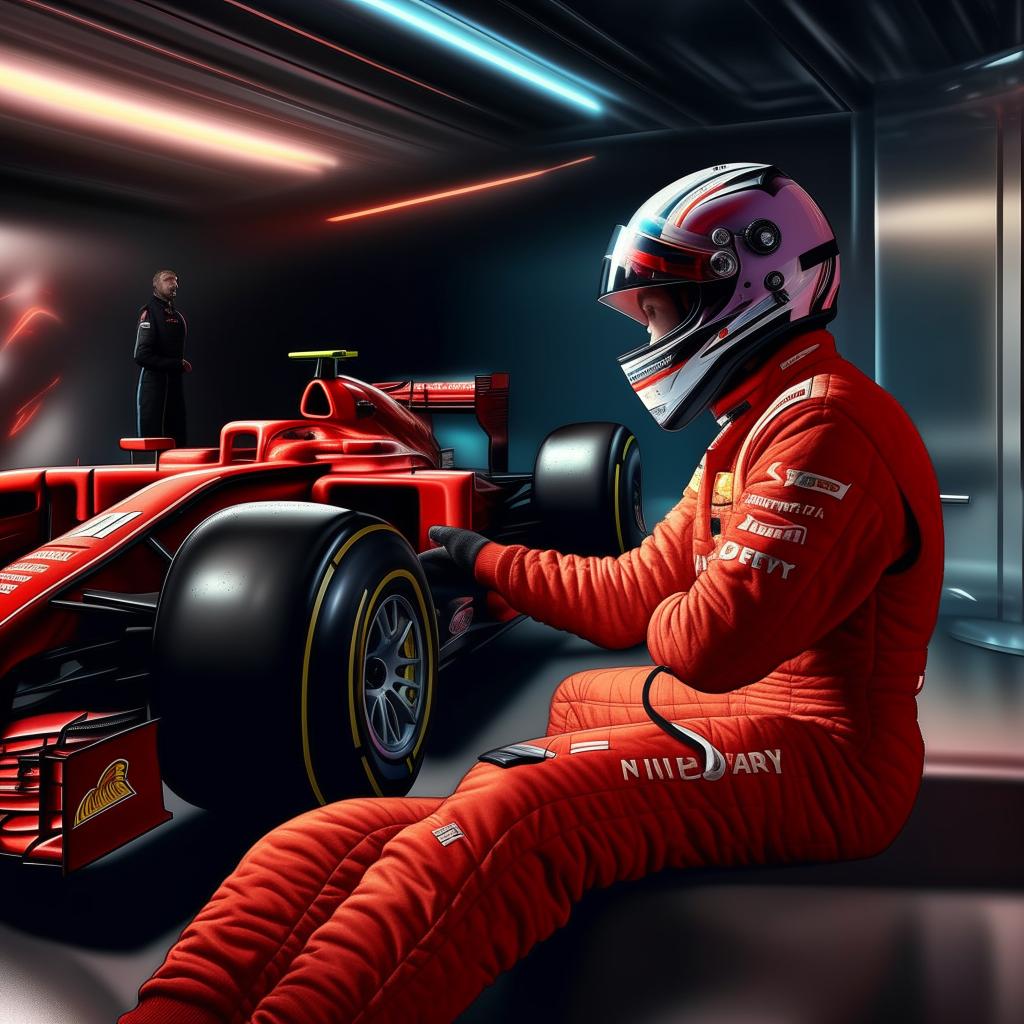 A realistic artwork of an F1 driver, without a helmet, wearing a red racing suit, engaging in a therapy session in a peaceful environment.