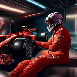 A realistic artwork of an F1 driver, without a helmet, wearing a red racing suit, engaging in a therapy session in a peaceful environment.