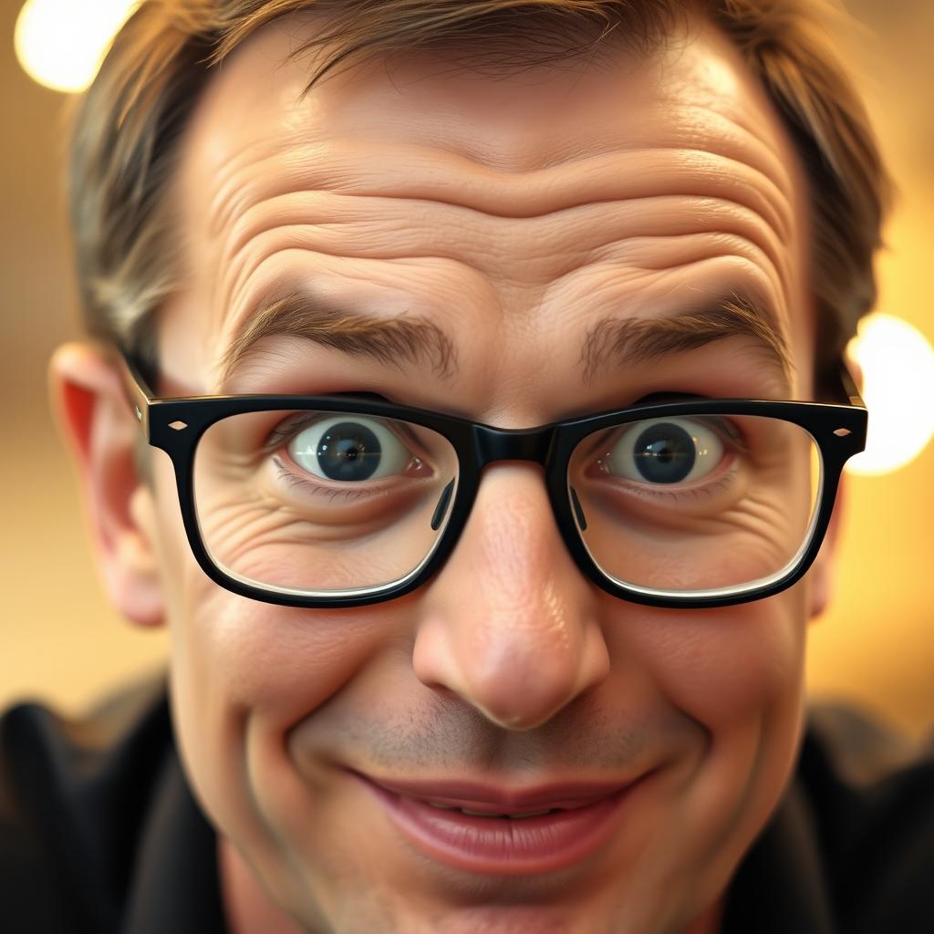 A close-up portrait of a man with black eyeglasses, his eyebrows raised in a surprised expression