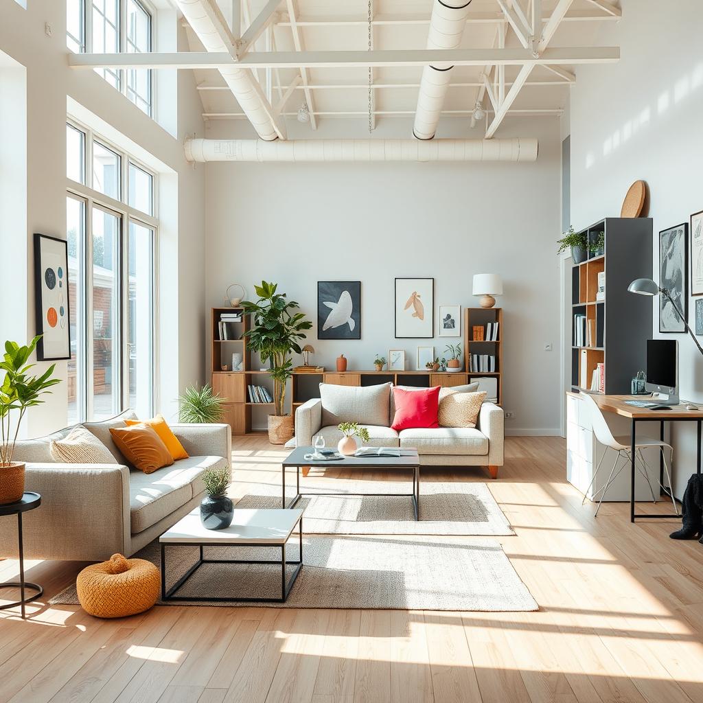 A stylish and modern interior space showcasing an array of IKEA products, including sleek furniture like minimalist sofas, functional storage solutions, and vibrant decor items