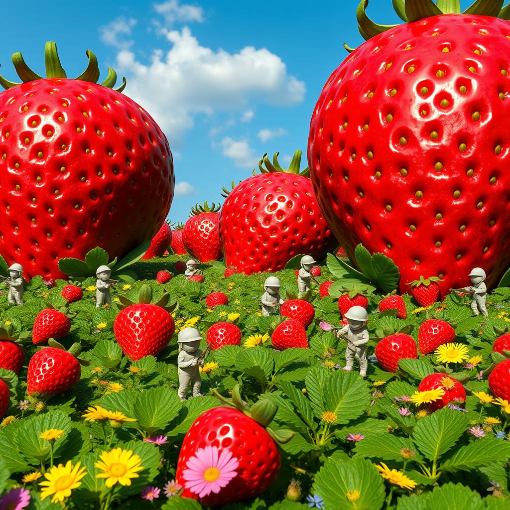 A team of tiny human workers, slightly larger than a strawberry seed, harvesting enormous strawberries in a lush green farm