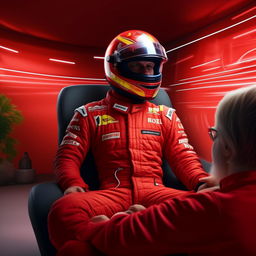 A realistic artwork of an F1 driver, without a helmet, wearing a red racing suit, engaging in a therapy session in a peaceful environment.