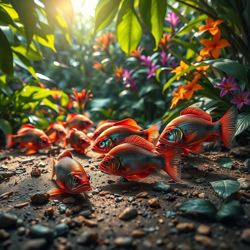 A lively and colorful scene depicting a group of piranhas on the ground in a tropical jungle setting