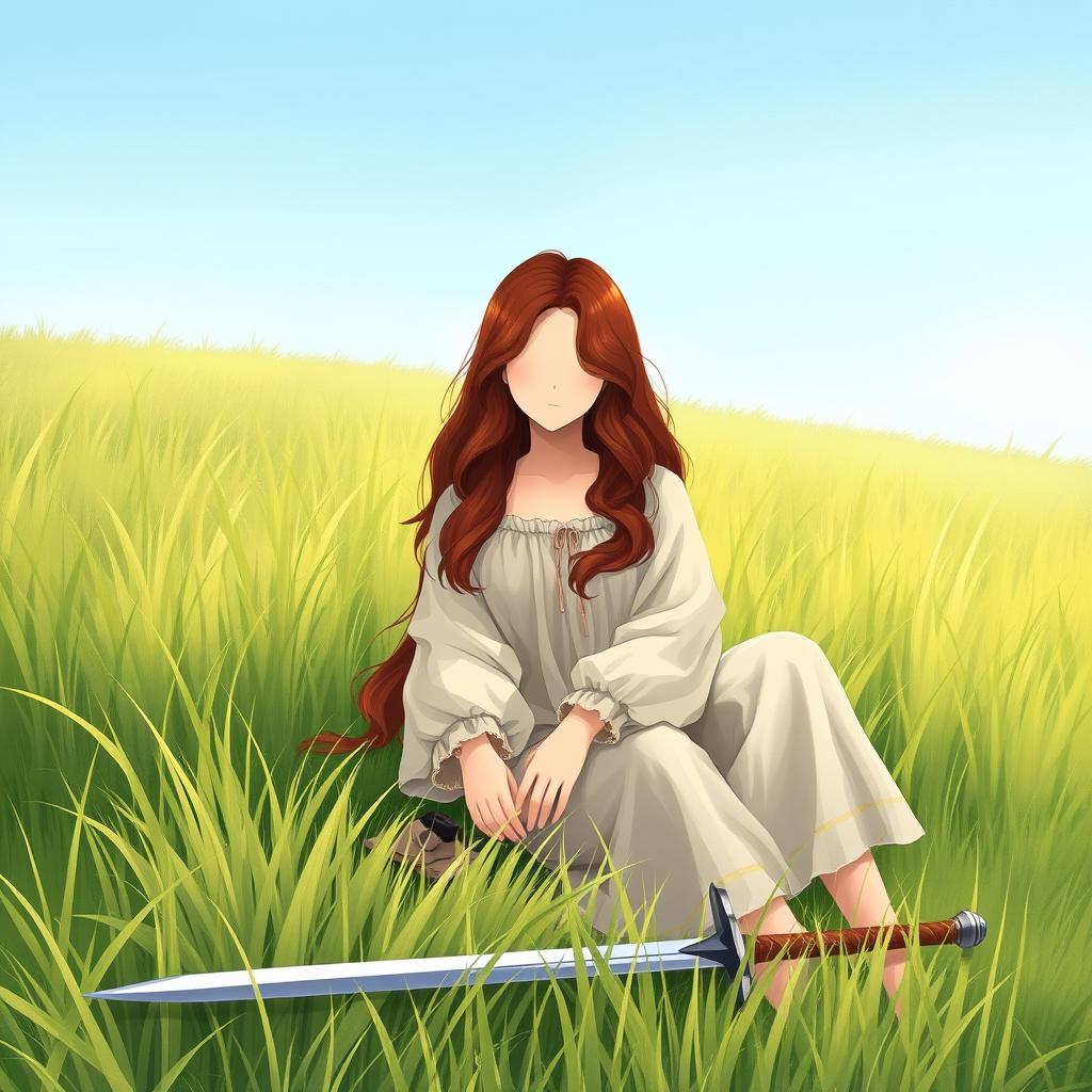 An illustration of a girl with long, wavy hair that is dark copper in color