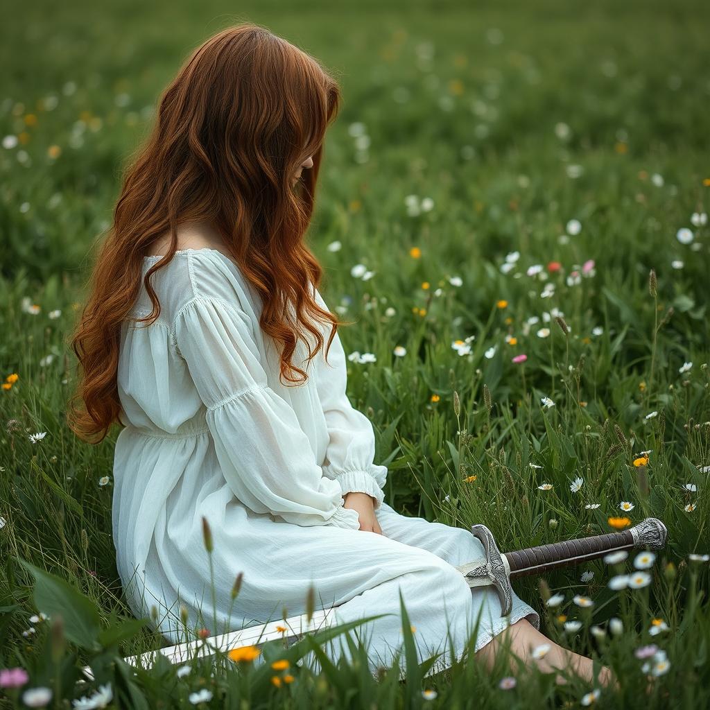 A girl with long, wavy dark copper hair, her face hidden from view