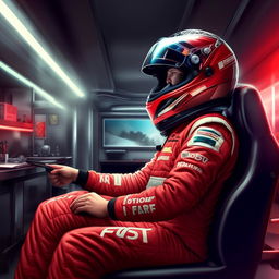 A realistic artwork of an F1 driver, without a helmet, wearing a red racing suit, engaging in a therapy session in a peaceful environment.