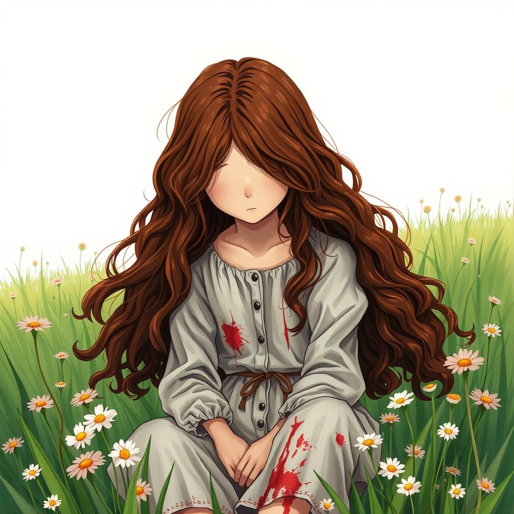 An illustration for a book cover featuring a girl with long, wavy hair that is a rich dark copper color