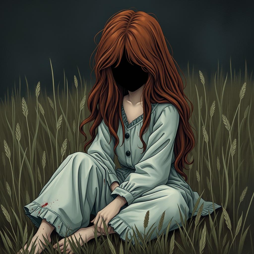 An illustration for a book cover featuring a girl with long, wavy hair, dark copper in color, obscured face
