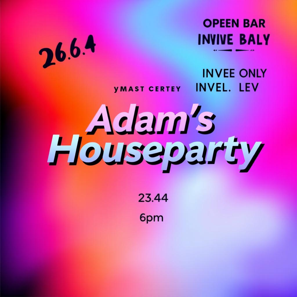 A vibrant graphic design for a house party invitation featuring the text 'Adam’s Houseparty' prominently in an engaging font