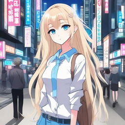 Anime-style cute girl with light blonde long hair, diamond blue eyes, and pale skin standing on a bustling Tokyo street at night.