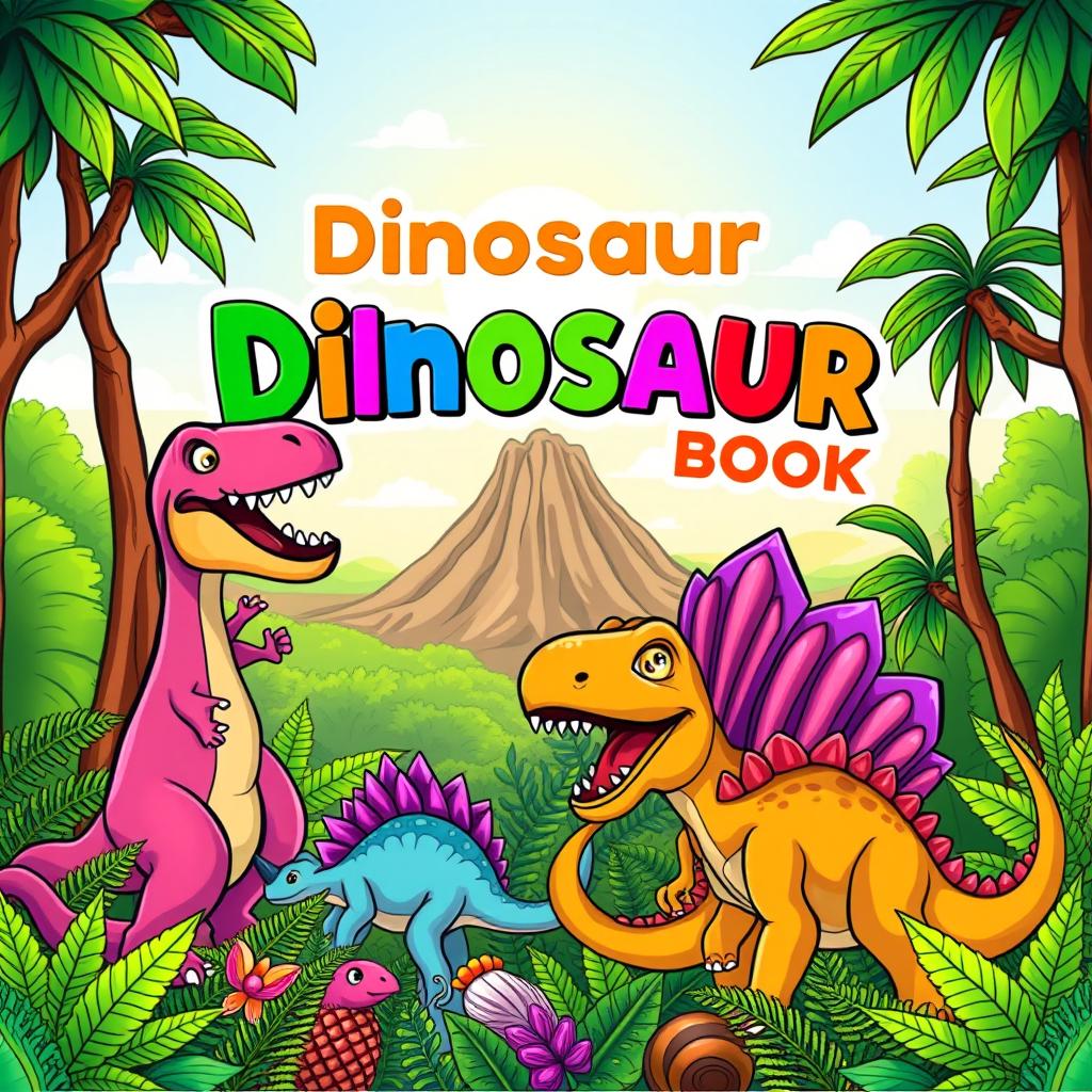 A captivating cover design for a dinosaur coloring book, featuring a vibrant illustration of various dinosaurs like a T-Rex, Triceratops, and Stegosaurus in a prehistoric jungle setting