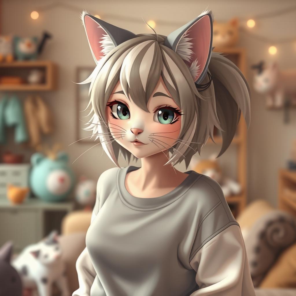 A humanized version of a female cat, depicting her with feline features such as cat ears, whiskers, and cat-like eyes
