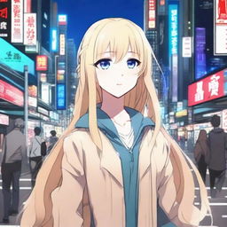 Anime-style cute girl with light blonde long hair, diamond blue eyes, and pale skin standing on a bustling Tokyo street at night.