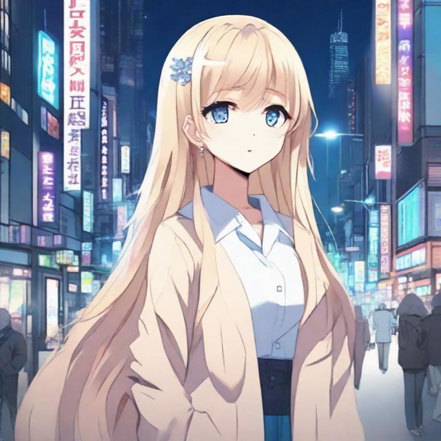 Anime-style cute girl with light blonde long hair, diamond blue eyes, and pale skin standing on a bustling Tokyo street at night.