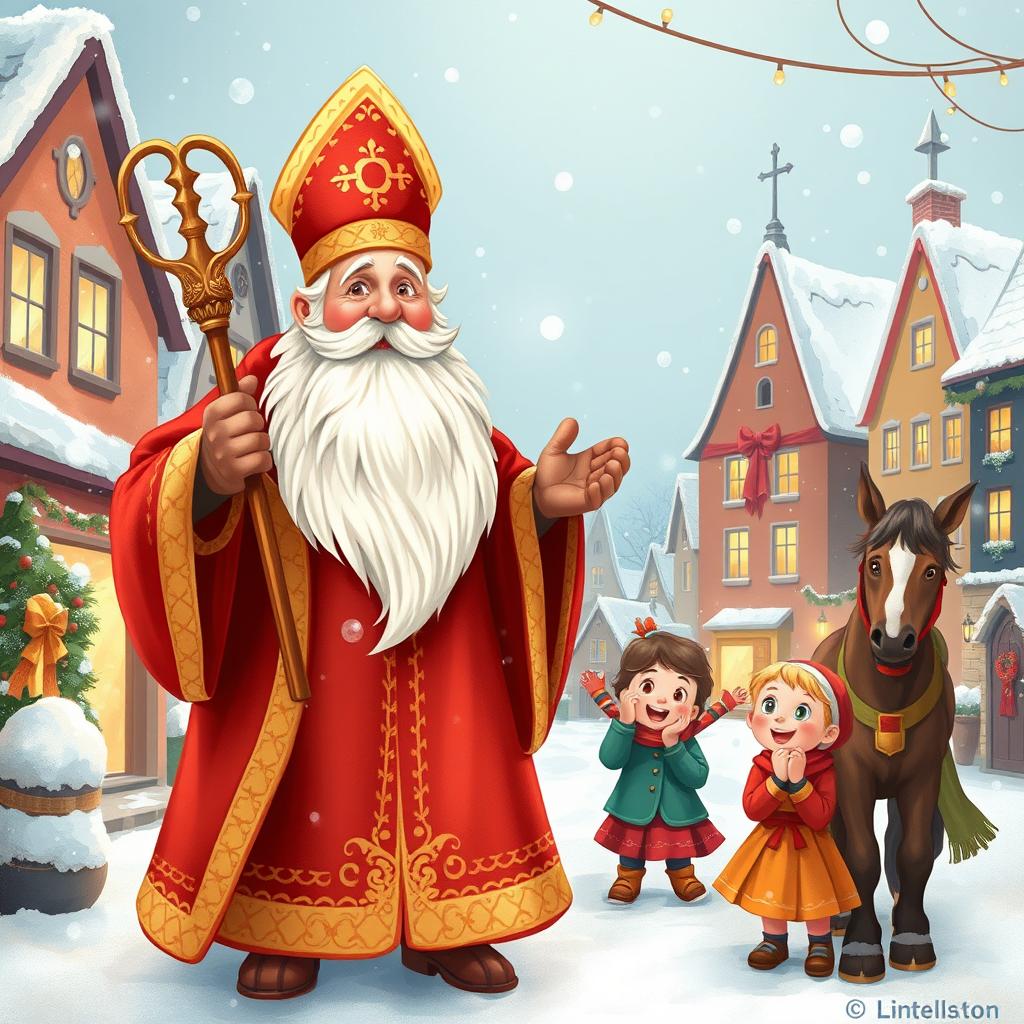 A whimsical and festive illustration of Sinterklaas, the traditional Dutch holiday figure