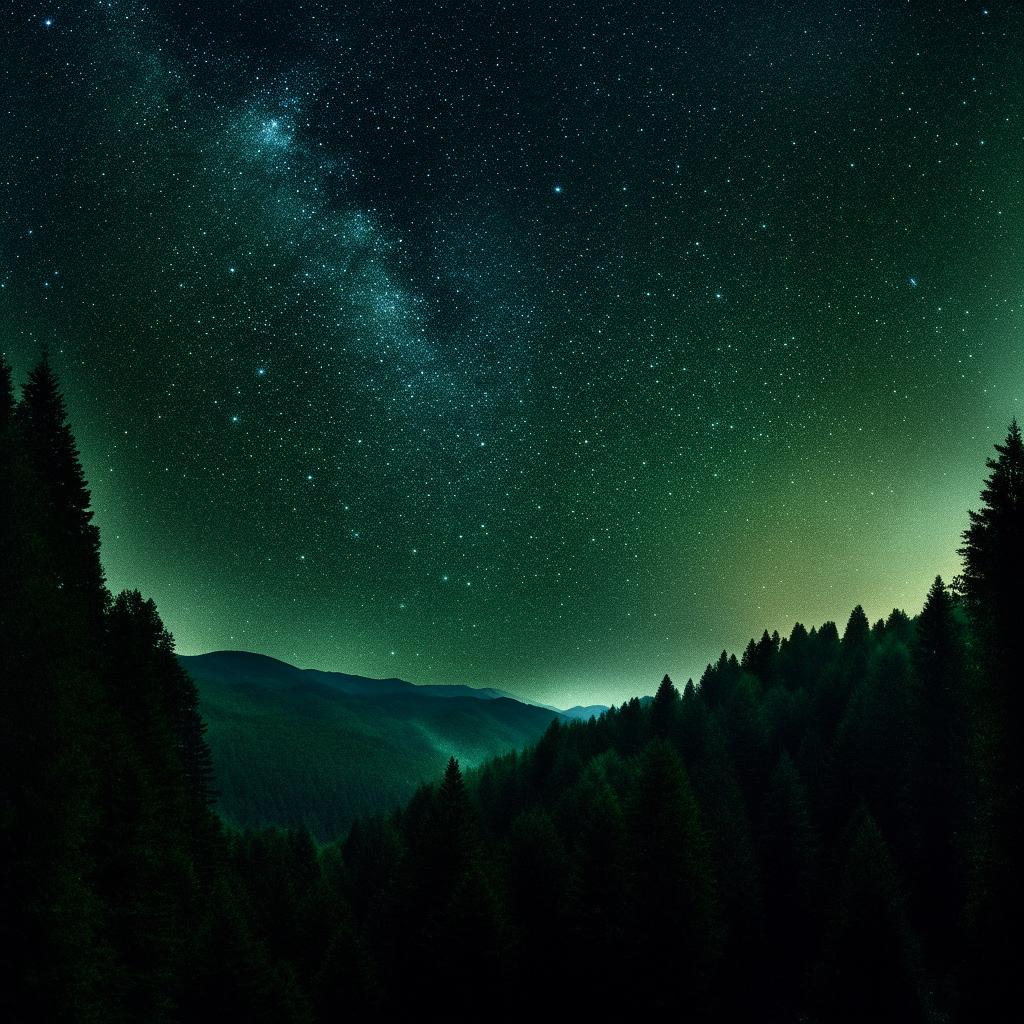 A highly detailed, realistic, and enhanced image of a starry night sky over a lush green mountain, accented with the silhouettes of pine trees.