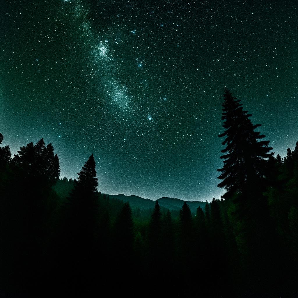 A highly detailed, realistic, and enhanced image of a starry night sky over a lush green mountain, accented with the silhouettes of pine trees.