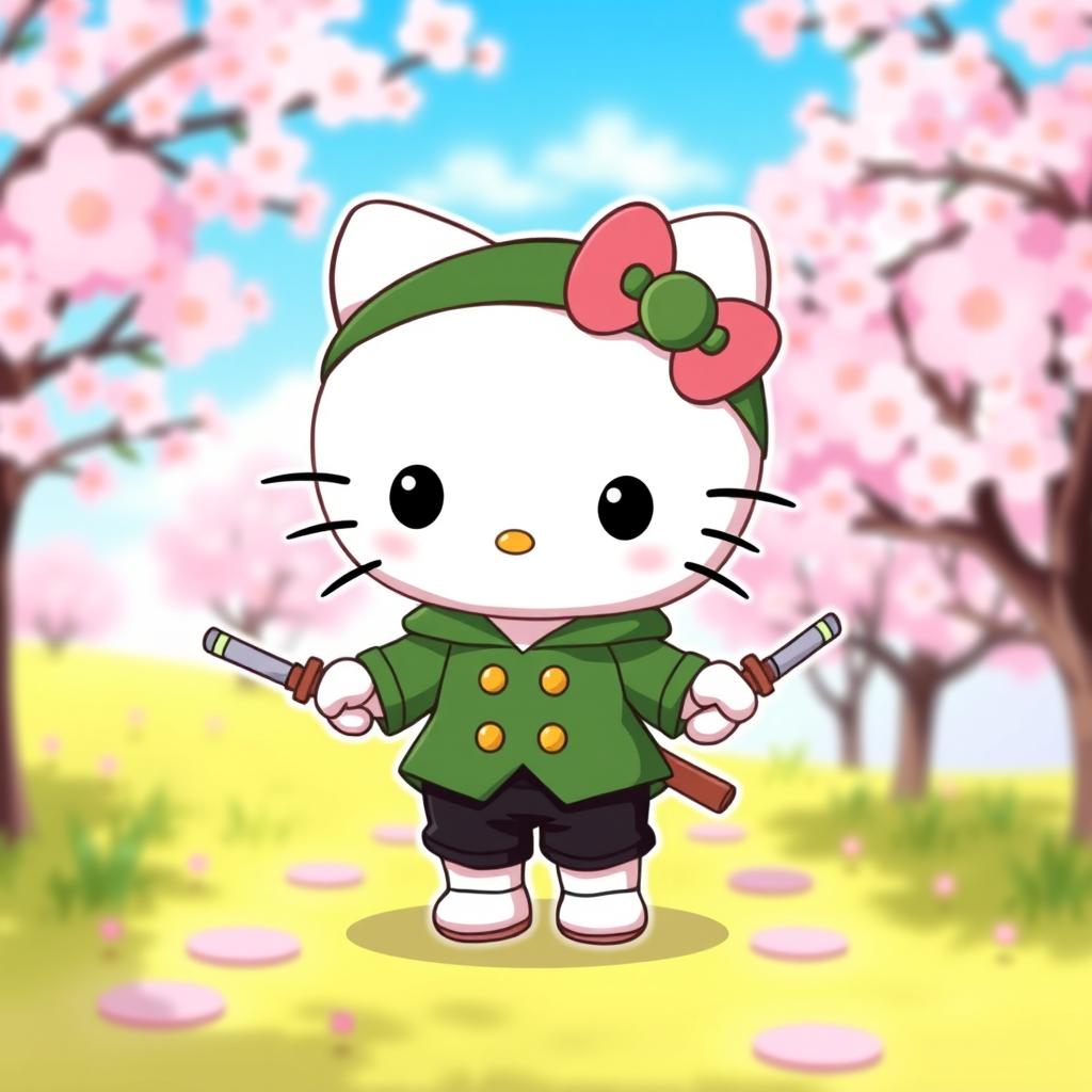 An adorable mashup illustration featuring Roronoa Zoro from One Piece reimagined as a cute Hello Kitty character