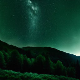 A highly detailed, realistic, and enhanced image of a starry night sky over a lush green mountain, accented with the silhouettes of pine trees.