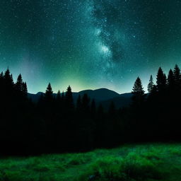 A highly detailed, realistic, and enhanced image of a starry night sky over a lush green mountain, accented with the silhouettes of pine trees.