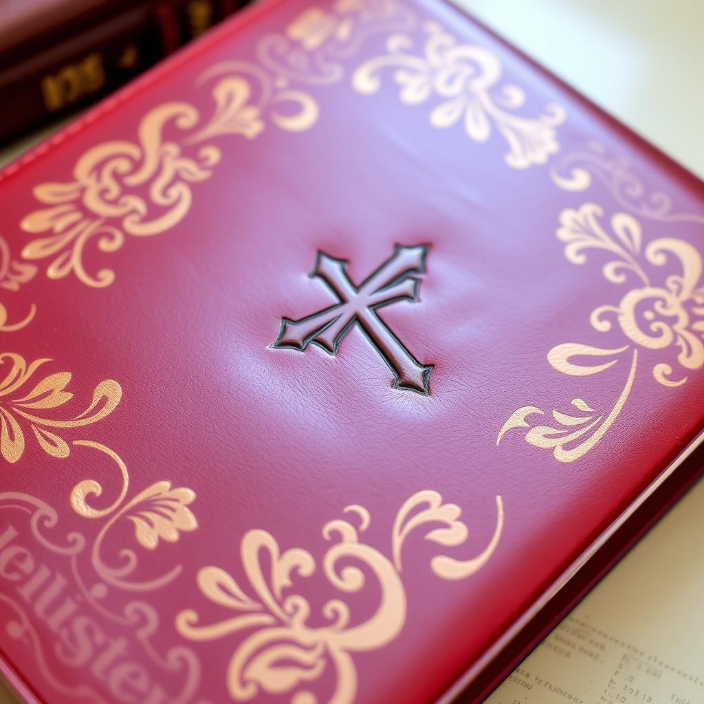 A beautifully designed Bible cover, featuring intricate floral patterns and gold foil accents