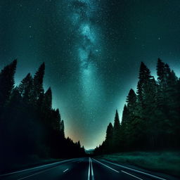 Create a highly detailed and enhanced realistic image featuring a starry night sky over a quiet freeway, bordered by the silhouette of pine trees.