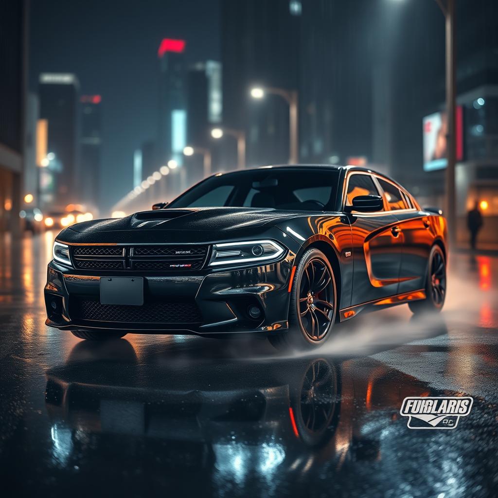 A stunning black Dodge Charger parked elegantly on a rain-soaked street at night, the reflections of colorful city lights shimmering on its sleek surface