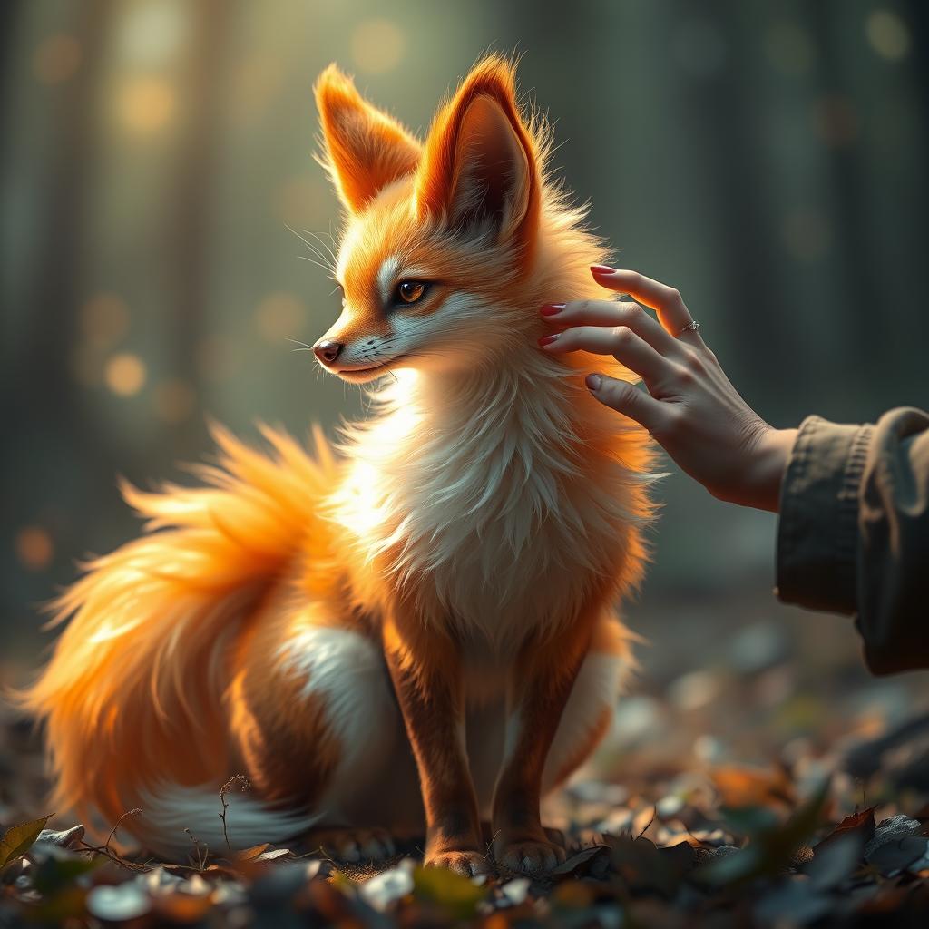 A captivating and intricate scene featuring a kitsune, inspired by the second image, showcasing all nine vibrant tails