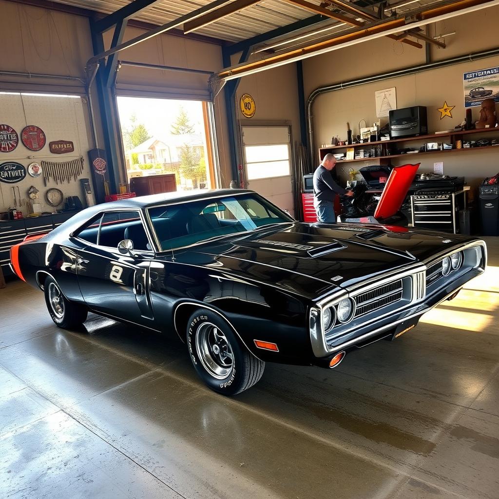 A classic 1970 black Dodge Charger parked in an open, sunlit garage, showcasing its iconic muscle car design
