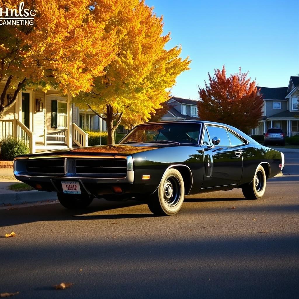 A classic 1970 black Dodge Charger parked on a charming street lined with autumn-colored trees, showcasing its muscular design and vintage appeal