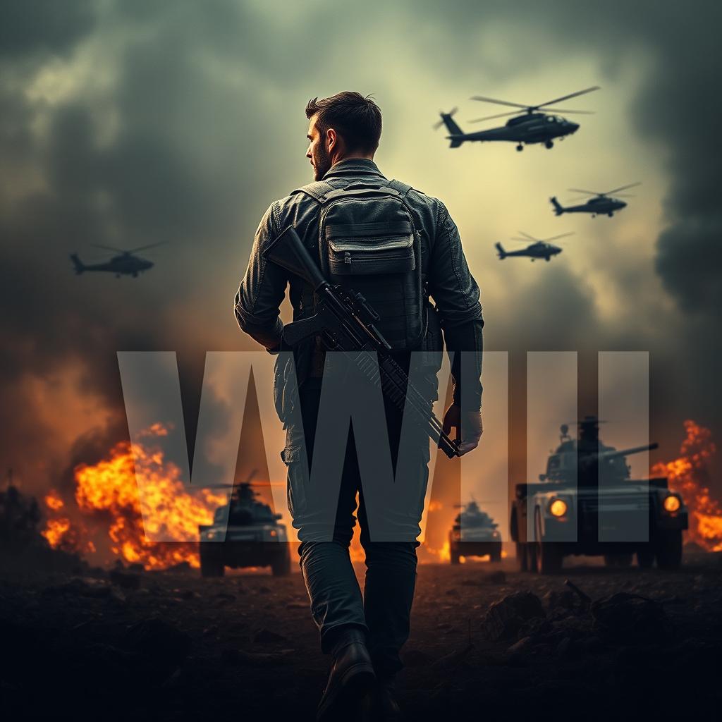 A dramatic, cinematic war scene depicting a modern soldier walking through a fiery battlefield