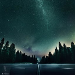 Create a highly detailed and enhanced realistic image featuring a starry night sky over a quiet freeway, bordered by the silhouette of pine trees.