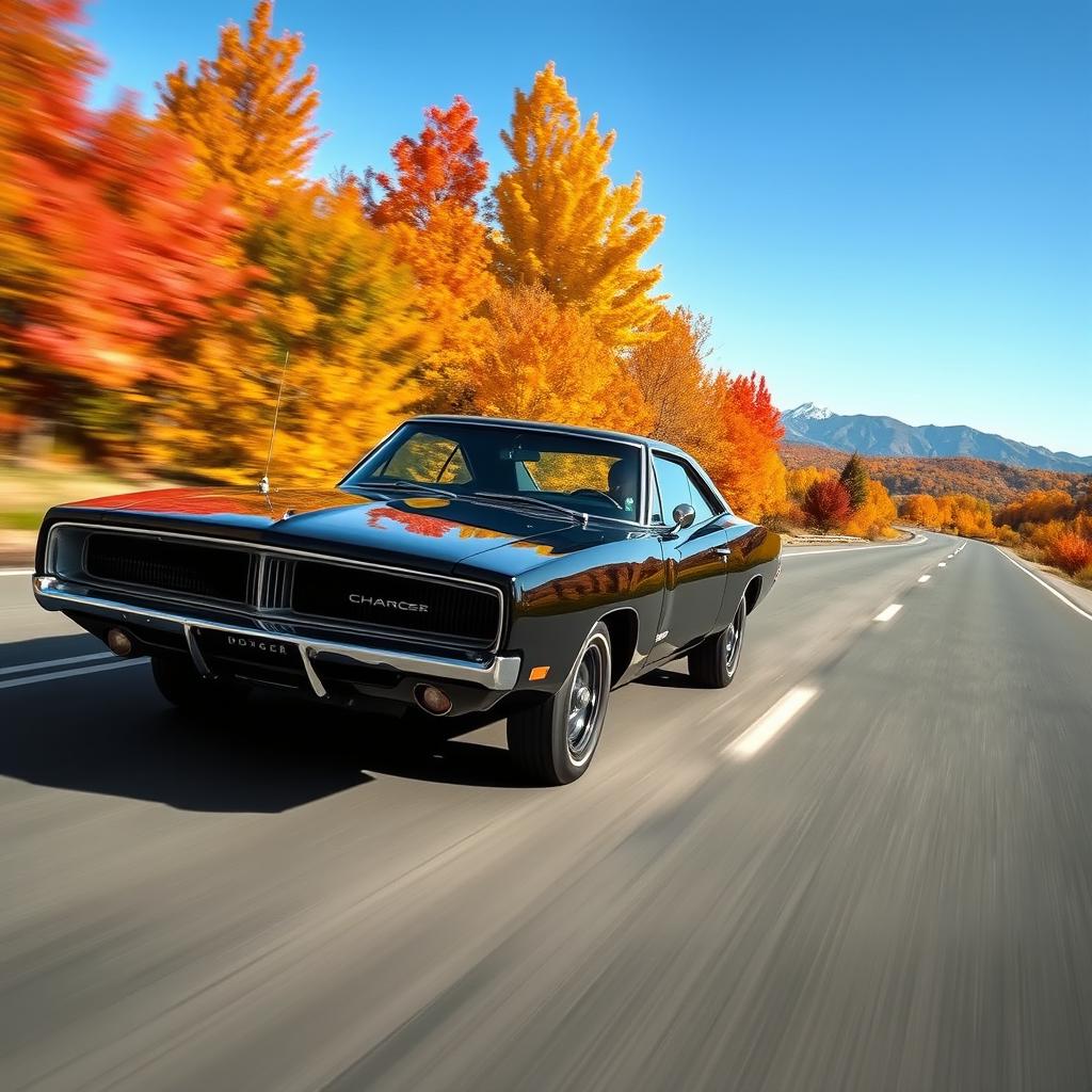 A classic 1970 black Dodge Charger accelerating down a picturesque road, surrounded by vibrant autumn foliage