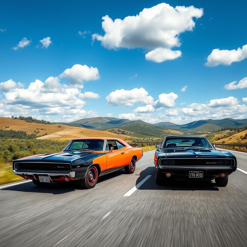 A striking scene featuring a 1970 black Dodge Charger and a vibrant orange Toyota Supra side by side on a scenic highway