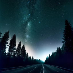 Create a highly detailed and enhanced realistic image featuring a starry night sky over a quiet freeway, bordered by the silhouette of pine trees.