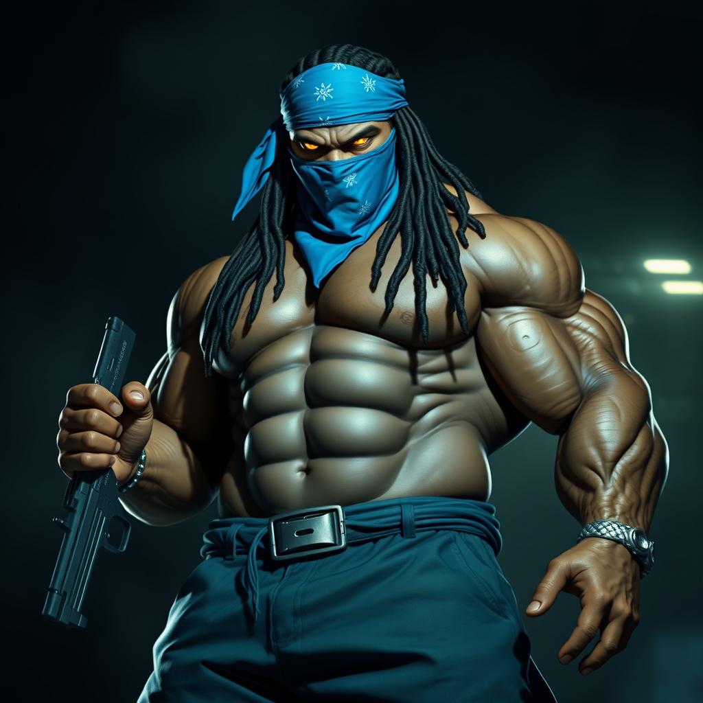 A large, menacing muscular African American gang member villain, wearing a blue bandana as a mask and sporting long dreadlocks