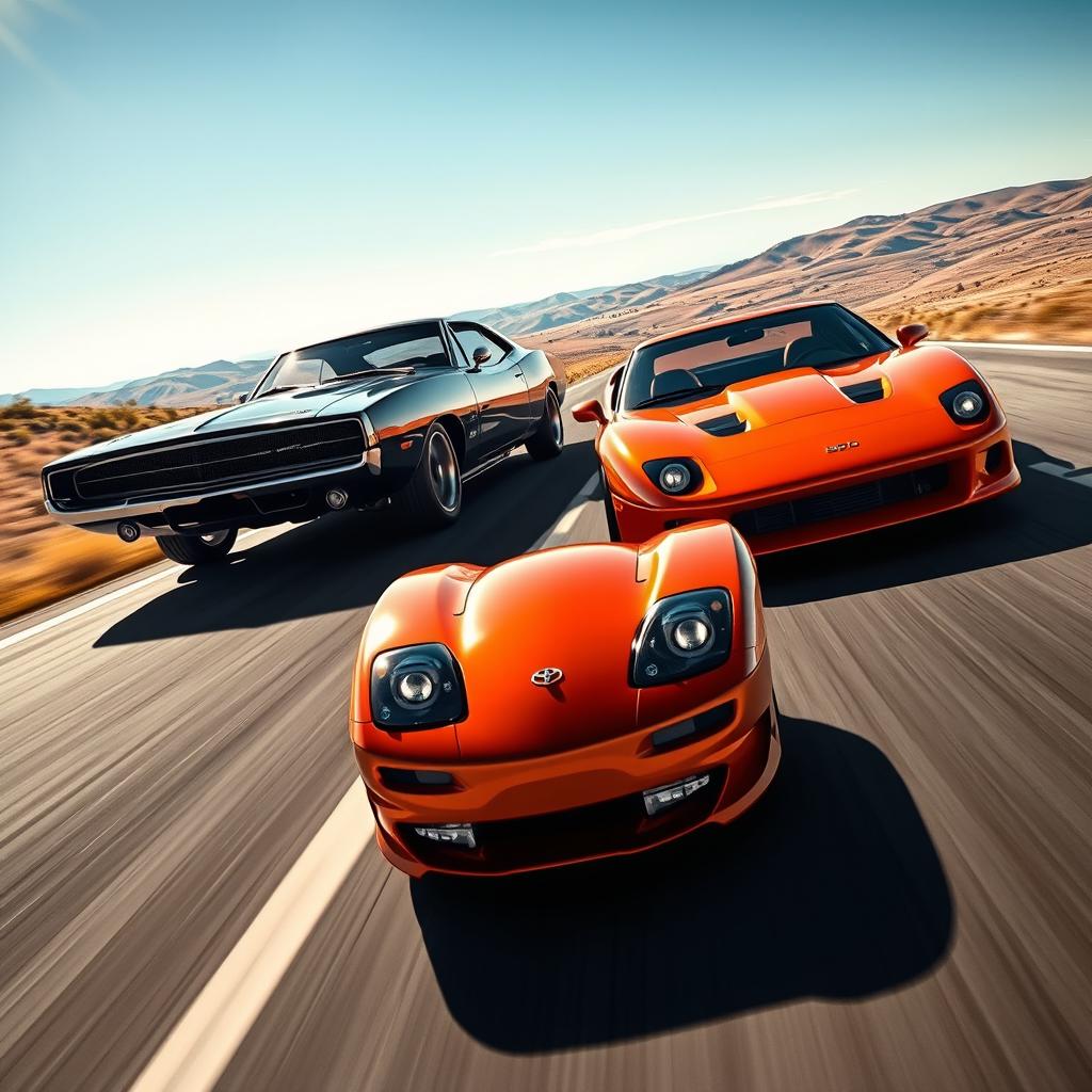 A thrilling scene featuring a sleek black 1970 Dodge Charger racing alongside a bold race orange 1995 Toyota Supra