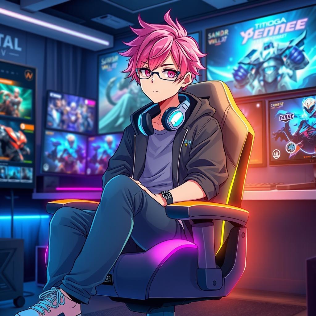 A stylish anime femboy with vibrant colored hair sitting on a sleek gaming chair