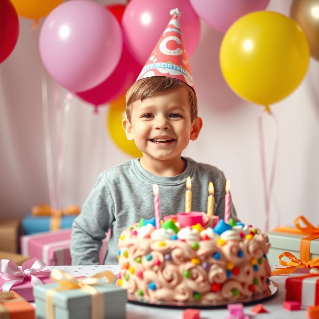 A child celebrating a birthday without a party hat, with a joyful expression while surrounded by colorful balloons and a beautifully decorated cake on a table filled with presents