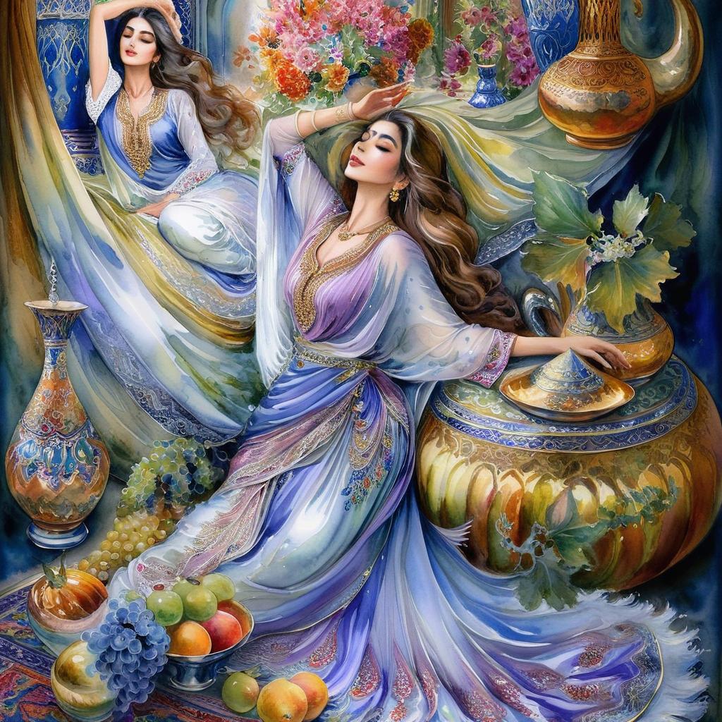 A mystical and spiritual watercolor painting of a beautiful Iranian woman reclining on a royal back inside a beautiful Iranian home with shiny and colorful silk carpets, fruit and grape dishes, traditional vases, and colorful flowers
