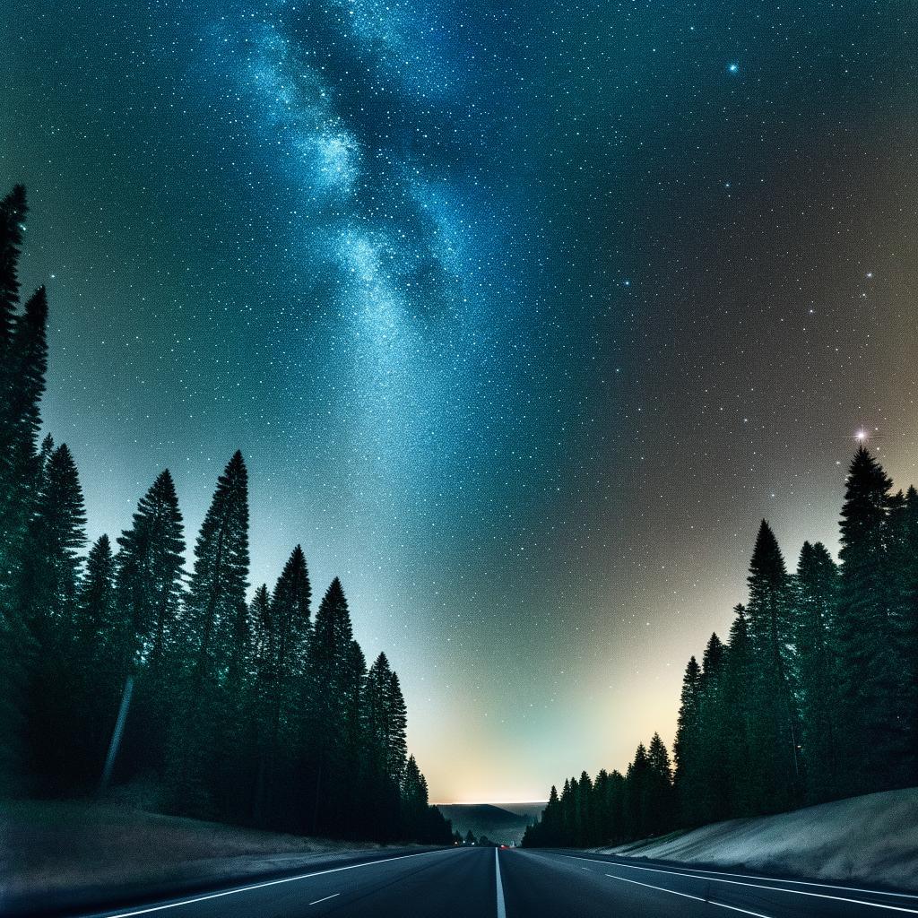 Create a highly detailed and enhanced realistic image featuring a starry night sky over a quiet freeway, bordered by the silhouette of pine trees.