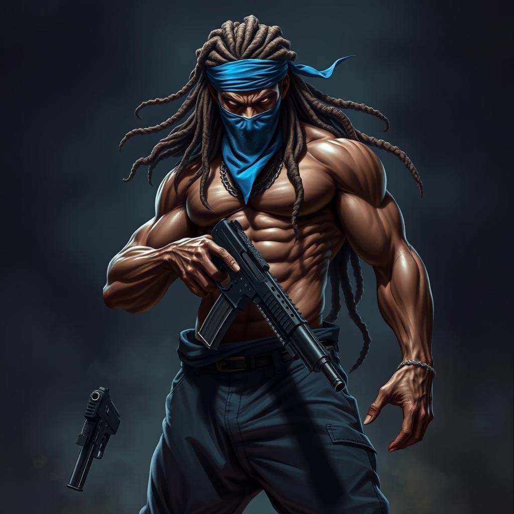 A terrifying and imposing muscular yet thin African American gang member villain, showcasing a blue bandana mask, long dreadlocks flowing, and wearing baggy pants