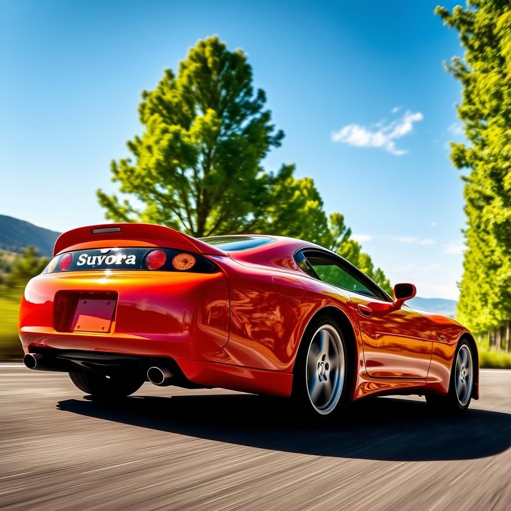 A vibrant orange 1995 Toyota Supra cruising down a scenic road during a sunny day