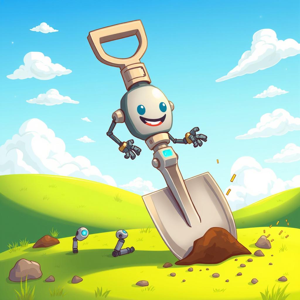 A whimsical illustration of an AI personified as a large, friendly-looking shovel, incorporating robotic features