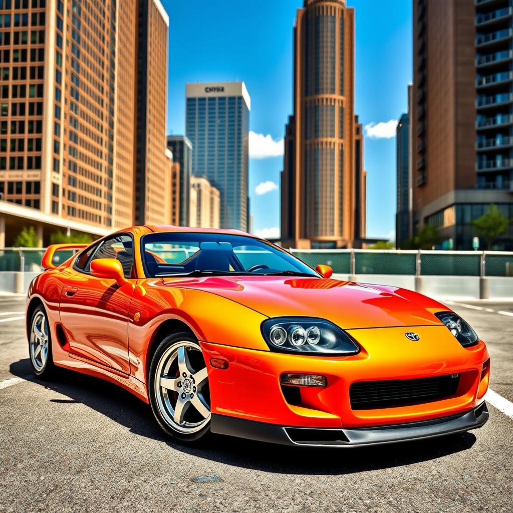 A stunning orange 1995 Toyota Supra, parked in a dynamic urban setting