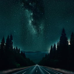 Generate a realistic and enhanced desktop ratio image of a starry night sky shooting over a deserted freeway, fringed by the silhouette of pine trees.