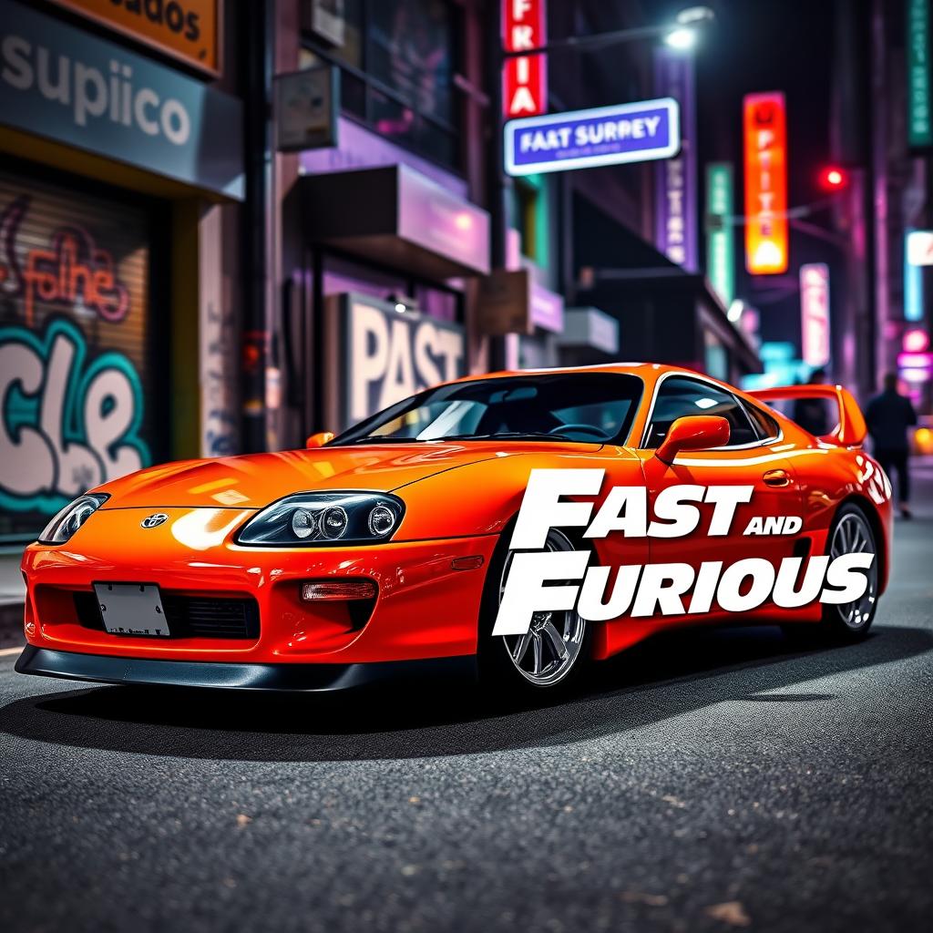 A vibrant orange 1995 Toyota Supra parked dramatically on a city street under neon lights, showcasing its sleek curves and iconic design