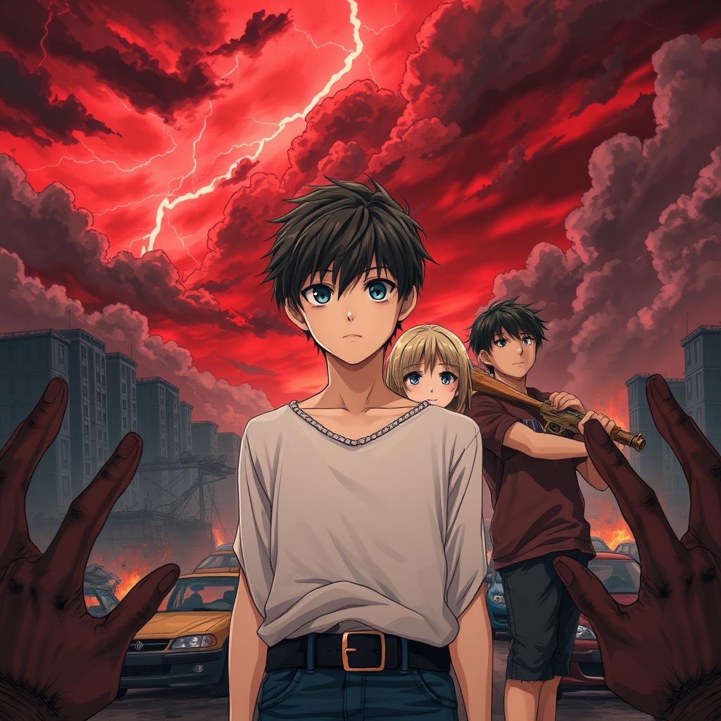 A striking scene featuring a deep red sky filled with dark clouds and lightning in the distance