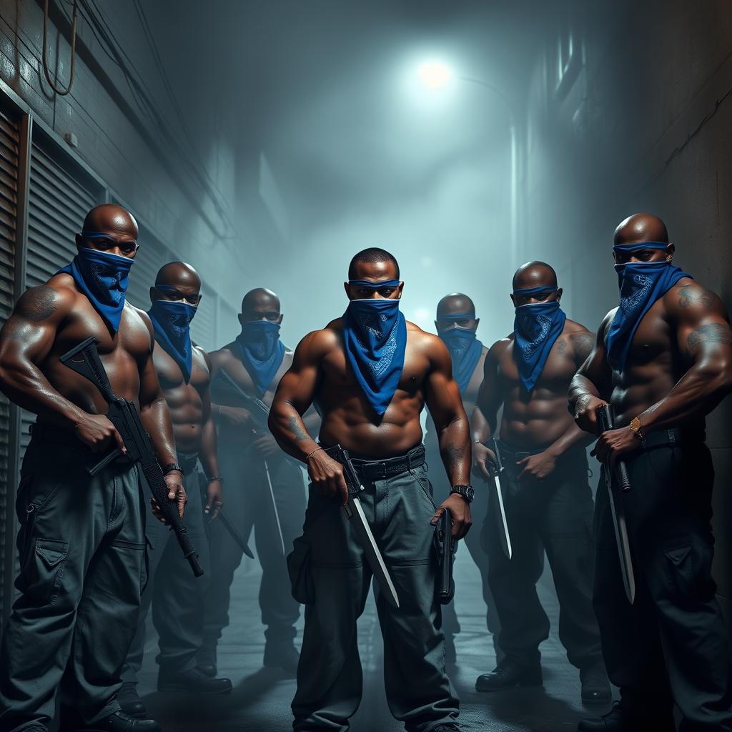 A group of imposing, muscular African American villain gang members of varying heights and sizes standing confidently in a foggy Los Angeles back alley