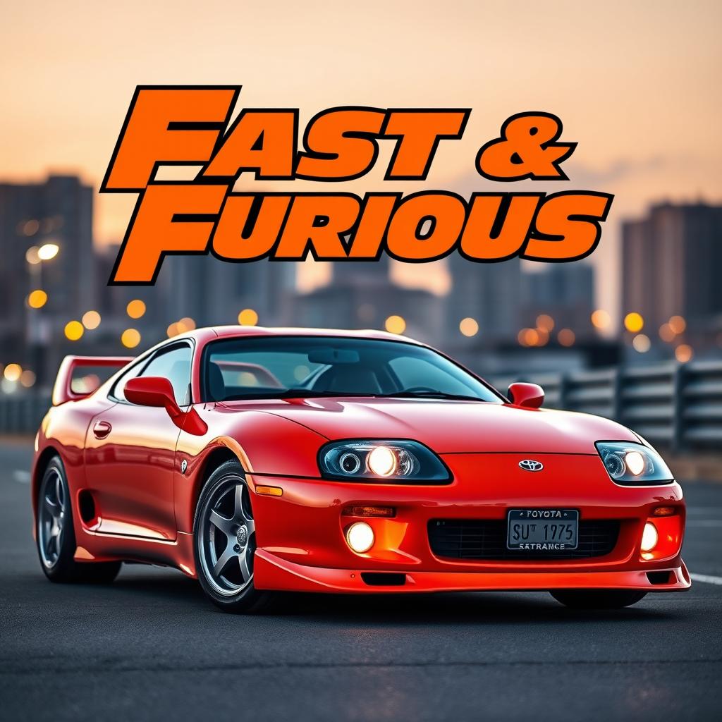 A vibrant orange 1995 Toyota Supra, iconic design with sleek curves and sporty details, parked dynamically in an urban environment at dusk